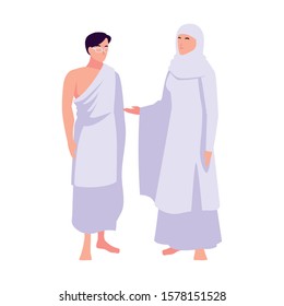 couple of people pilgrims hajj standing on white background vector illustration design