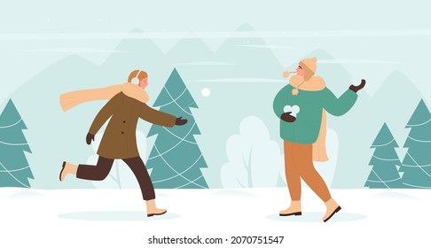 Couple people play snowballs fun game in winter snow landscape vector illustration. Cartoon friend characters playing outdoors, enjoying frost cold weather in park. Winter healthy activity concept