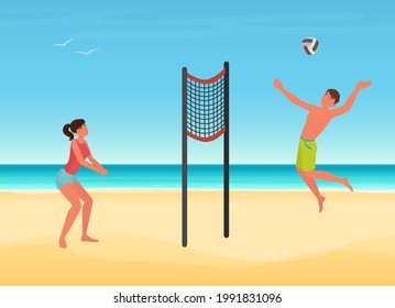 Couple people play volleyball on summer sea beach of tropical island vector illustration. Cartoon young woman man player character playing ball, jumping, summertime sport travel vacation background