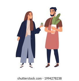 Couple of people with potted interior plants in hands. Man and woman talking about houseplants. Botanist advisor consulting person. Colored flat vector illustration isolated on white background