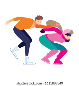 couple of people practicing skating winter on white background vector illustration design