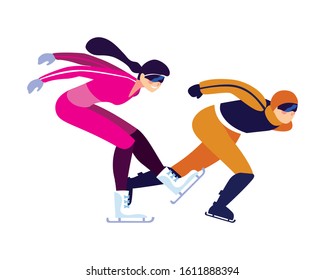 couple of people practicing speed skating on white background vector illustration design