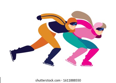 couple of people practicing speed skating on white background vector illustration design