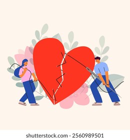 A couple of people put together the broken heart. Rebuild relationships concept.