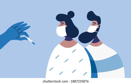 Couple of people is in the queue for the coronavirus vaccination. COVID-19. Flat vector illustration.