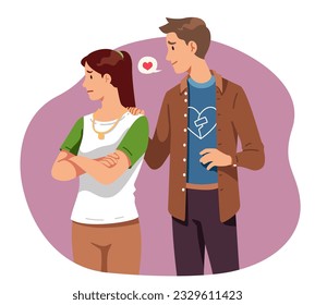 Problemas de relaciones de pareja y disculpa. Hombre marido que se siente mal, disculpándose con la triste esposa que se ofende, tocándole el hombro. Ilustración vectorial plana de concepto de amor y perdón