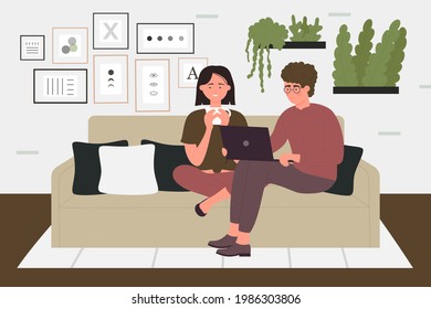 Couple people relax in home living room interior vector illustration. Cartoon young characters sitting on sofa couch together in evening time, girl holding coffee cup, man with laptop background