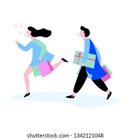 Couple of people with shopping bag around. Big sale and discount. Vector illustration in cartoon style