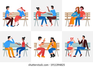 Couple people sit on park bench vector illustration set. Cartoon young man woman characters sitting on bench together on romantic dating or friendly meeting, girlfriend and boyfriend relationship