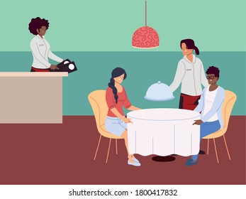 un par de personas sentadas en la mesa y ordenar el diseño de ilustraciones vectoriales de la comida