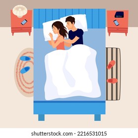 Un par de personas durmiendo en la cama. Personajes hombres y mujeres que yacen juntos bajo manta. La familia soñando en la habitación. Esposo y esposa descansando en la habitación en ilustración vectorial nocturno