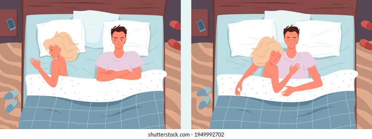 Couple people sleeping poses in bed set, young man and woman sleep or quarrel in bedroom