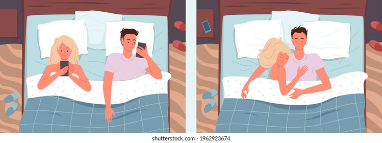 Couple people sleeping poses in bed vector illustration set. Cartoon young happy man and woman characters sleep together in bedroom, wife and husband, relationship background.