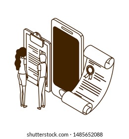 couple of people with smartphone screen and sheets of paper