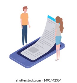 couple of people with smartphone screen and sheets of paper