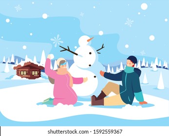 couple of people with snowman in winter landscape vector illustration design