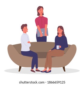 Couple of people is speaking and sitting on couch. Man and woman at a psychologist's appointment. Girl psychologist stands with a laptop in her hands. Cartoon characters isolated on white background