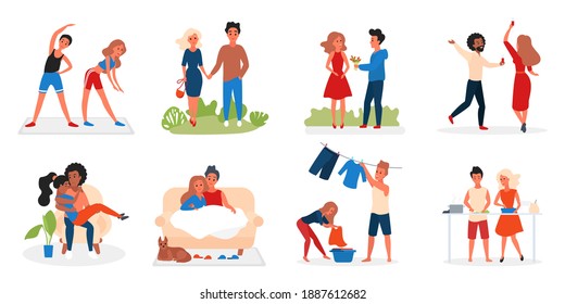 Couple people spend time together vector illustration. Cartoon man woman lover characters hugging walking dancing dating cooking food and doing sport exercise, love and relationships isolated on white