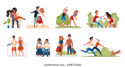 Couple people spend time together vector illustration set. Cartoon young happy man woman lover characters dance or have dinner on love date, hug and cook food, walk dog, shopping isolated on white
