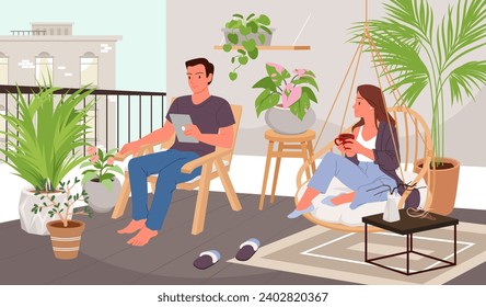 Pareja de personas pasan tiempo juntos en el balcón con moderna ilustración vectorial de muebles. Niña caricaturista sentada en un cojín colgando de un sillón redondo para beber café de una taza, hombre con una tableta en la silla