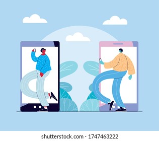 couple of people standing in front of the smartphone vector illustration design