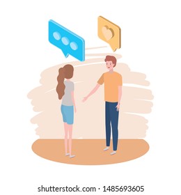 couple of people standing with speech bubble on white background