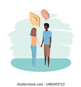 couple of people standing with speech bubble on white background