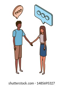 couple of people standing with speech bubble on white background