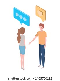 couple of people standing with speech bubble on white background