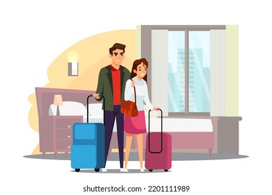 Couple people with suitcases standing in hotel room apartment vector illustration. Cartoon bedroom interior with bed and pillows, nightstand and window for family accommodation during city travel