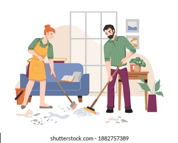 Couple Of People Sweeping And Washing Floor In House, Room Interior With Sofa, Table With Plants In Pots, Window. Vector Husband And Wife Doing Housework Household Chores, Cleaning Room In Apartment