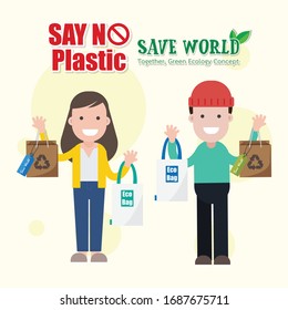 Couple of people use cloth bags & paper bags. Say no plastic. Green eco earth concept. Vector illustration