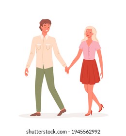 Couple people walk, holding hands on date, happy cute loving pair of man woman dating