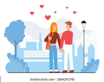 Couple People Walk Outdoor Vector Illustration. Cartoon Happy Young Woman Man Lover Characters Holding Hand Together, Adult Persons Walking On City Street With Loving Hearts Overhead Isolated On White