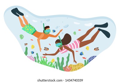 Couple of people wearing bathing suits and swimming goggles snorkeling in turquoise water. Underwater life, coral reef with fish and water plants vector