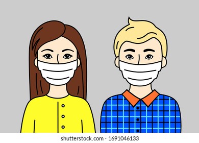 Couple Of People Wearing Face Masks. Two Young Adults, European Family, Blonde Man And Woman. Protective Respirators To Prevent Disease, Flu, Air Pollution. Sars-Covid-19 Pandemic. Vector Flat Design