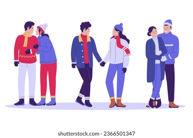 Couple people in winter clothes. Winter people collection. Flat design illustration