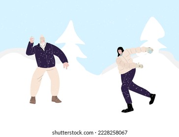 Couple people woman and a  man play snowballs fun game in winter snow landscape illustration. Cartoon friend characters playing outdoors, enjoying frost cold weather. Winter healthy activity concept