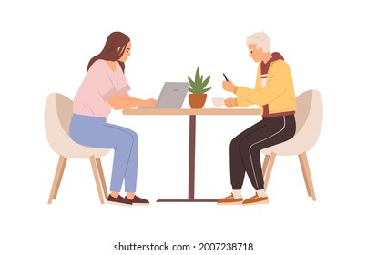 Couple of people working online with laptop and mobile phone. Man and woman sitting at table in cafe, using computer and smartphone. Colored flat vector illustration isolated on white background.