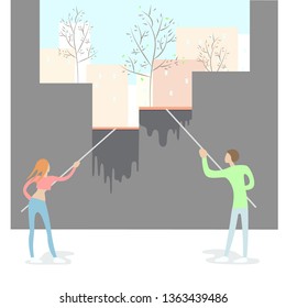 Couple people yang men and woman clean the window and do new life spring time, lite sunny city with trees and blue sky