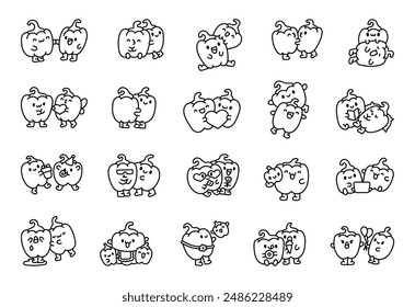 Couple pepper friends. Coloring Page. Cute cartoon vegetables. Hand drawn style. Vector drawing. Collection of design elements.