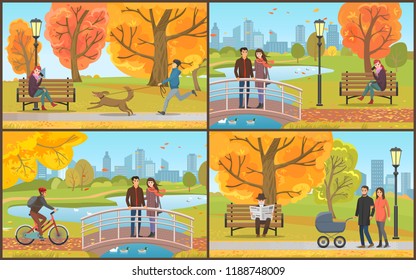 Couple with perambulator walking in park set vector. People feeding geese on lake, man walking dog pet, woman talking on cell, pensioner with paper