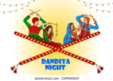 Couple performing dandiya and dancing garba sale and promotion advertisement background ina vector