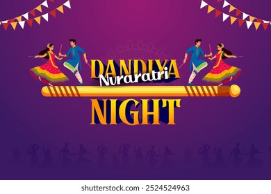 Couple performing dandiya and dancing garba sale and promotion advertisement background in vector