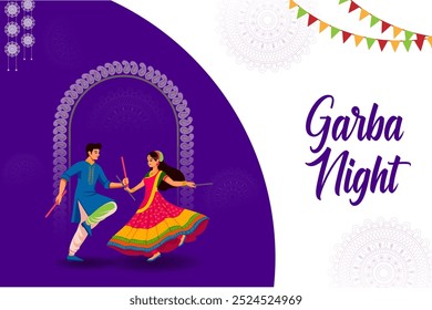 Couple performing dandiya and dancing garba sale and promotion advertisement background in vector