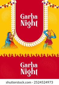 Couple performing dandiya and dancing garba sale and promotion advertisement background in vector