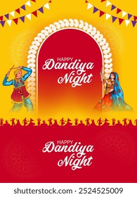 Couple performing dandiya and dancing garba sale and promotion advertisement background in vector