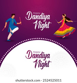 Couple performing dandiya and dancing garba sale and promotion advertisement background in vector