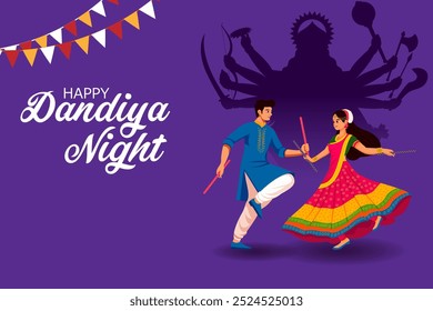 Couple performing dandiya and dancing garba sale and promotion advertisement background in vector