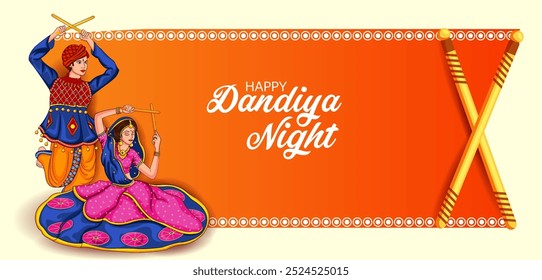 Couple performing dandiya and dancing garba sale and promotion advertisement background in vector